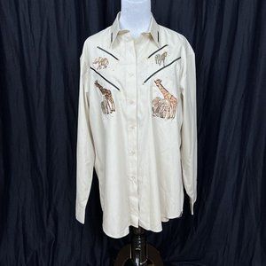 Las Olas Khaki‎ Button Down and Matching SS Tee - Elephants, Giraffes, Zebra EUC